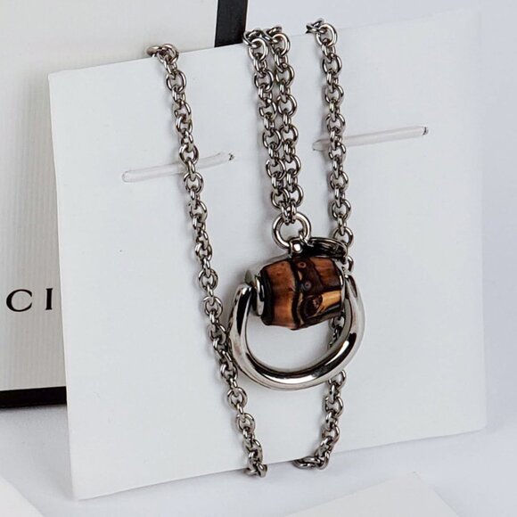 GUCCI NECKLACE BAMBOO HORSEBIT PENDANT RUTHENIUM STERLING SILVER 30" - Picture 5 of 7